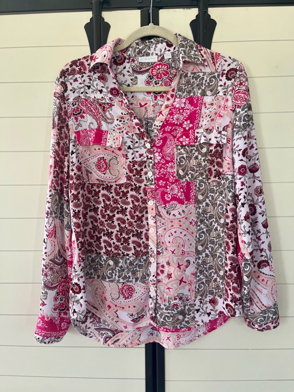 New York & Company Women's Pink Patchwork Paisley Floral Button Down Top Medium